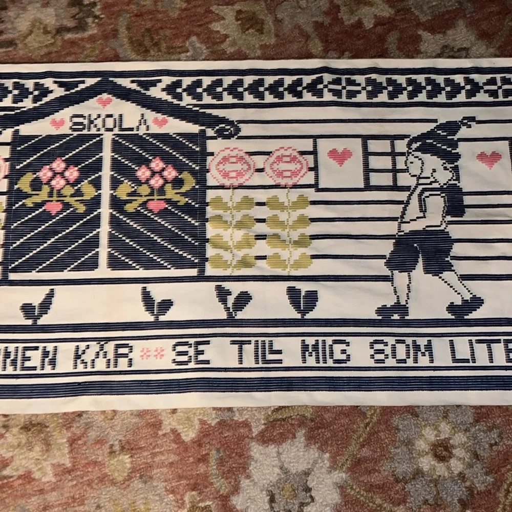 Vintage Norwegian embroidered wall hanging 78” x 26” handmade tapestry